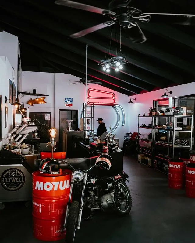 Carbon Canyon Coffee café interior with motorcycle